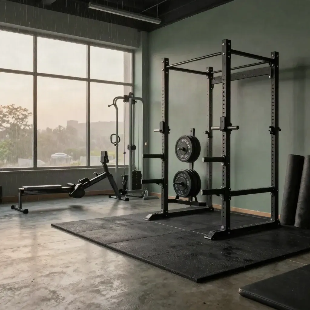 Gim kosong premium dengan rak squat, kabel, rower dan cahaya pagi selepas hujan.
