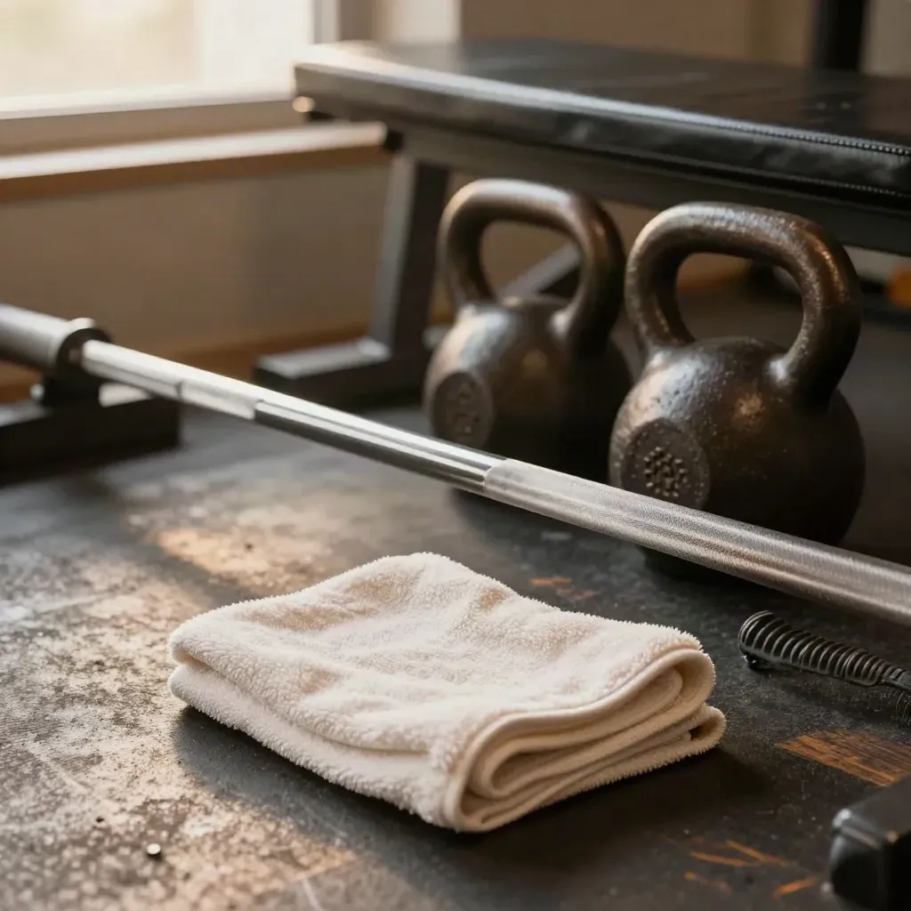 Sudut latihan peribadi dengan rack, bangku, kettlebell, tikar dan tuala