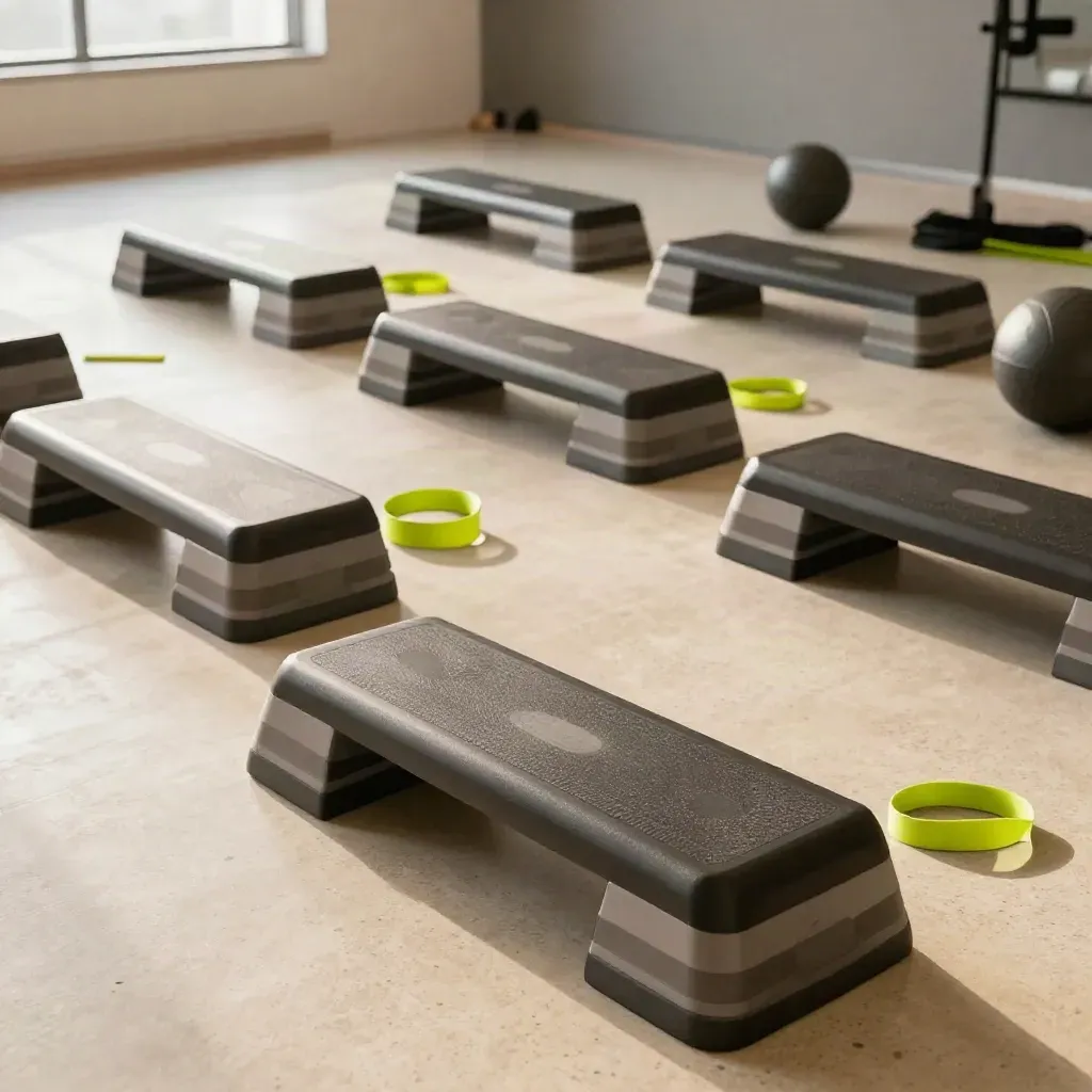 Susunan kelas kumpulan dengan step, bola ubat dan jalur lantai di studio gym.