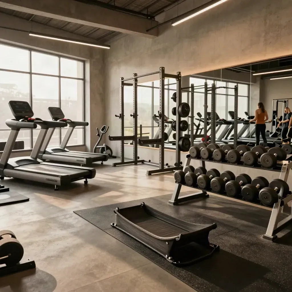 Lantai latihan gim dengan treadmill, rak beban, dumbbell, laluan sled dan tikar senaman.