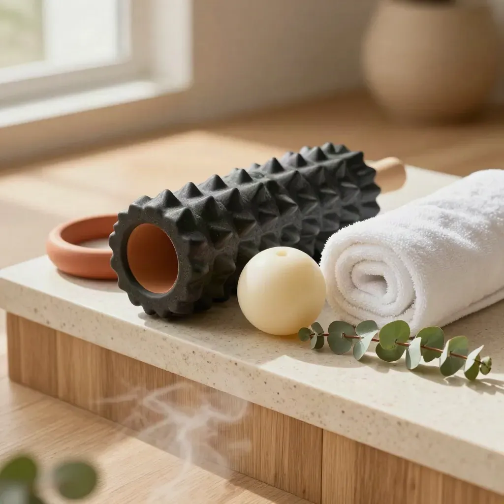 Alat pemulihan gym: foam roller, bola urut, tuala gulung dan daun eucalyptus di sudut rehat.