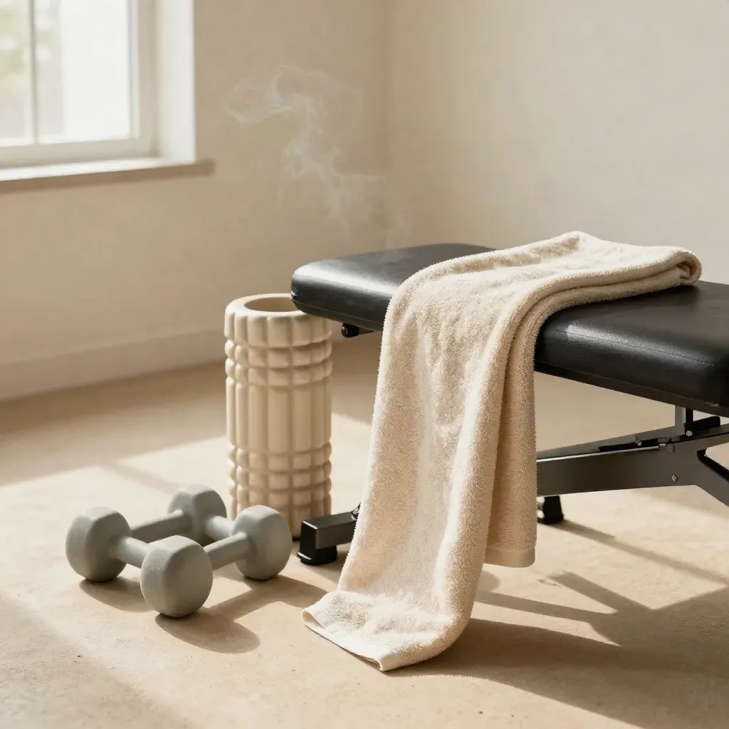 Bangku pemulihan dengan dumbbell ringan, foam roller dan tuala tersusun dalam cahaya lembut.