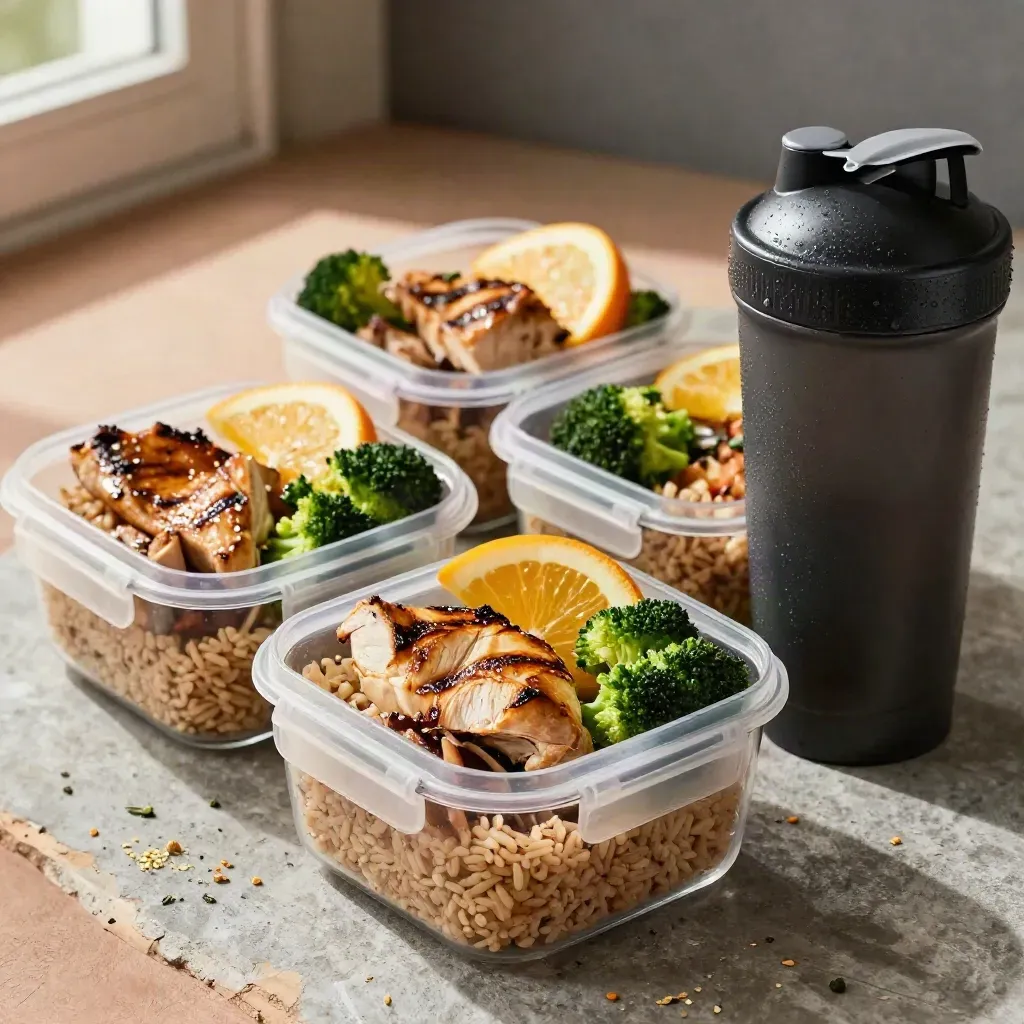 Bekas makanan dengan ayam panggang, nasi perang, brokoli dan botol shaker di permukaan dapur.