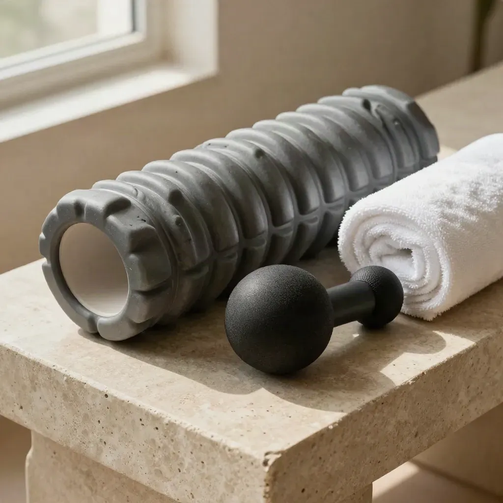 Set pemulihan di atas bangku batu dengan foam roller, bola urut, mesin getaran dan tuala putih