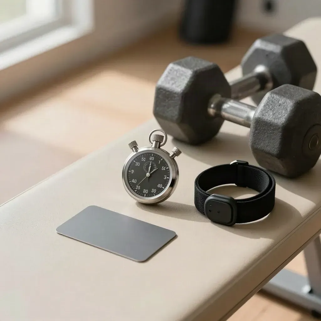 Stopwatch, dumbbell dan tali dada degupan jantung di bangku gym kayu pucat.