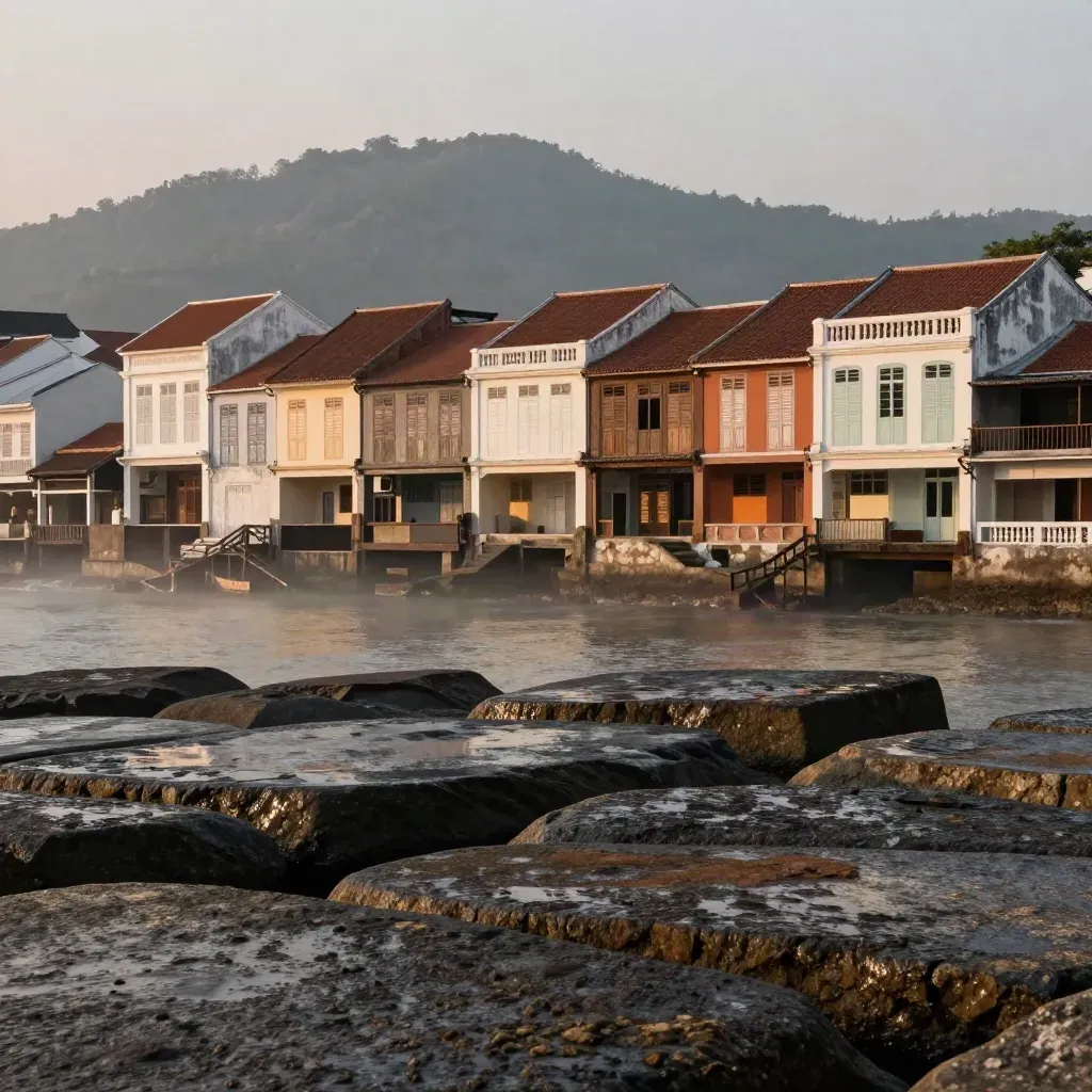 Fasad warisan Pulau Pinang di atas batu jeti granit berkabus senja