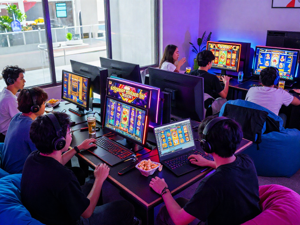 Exciting gaming setup showcasing friends discussing strategies for slot gacor malam ini during a lively gaming night.