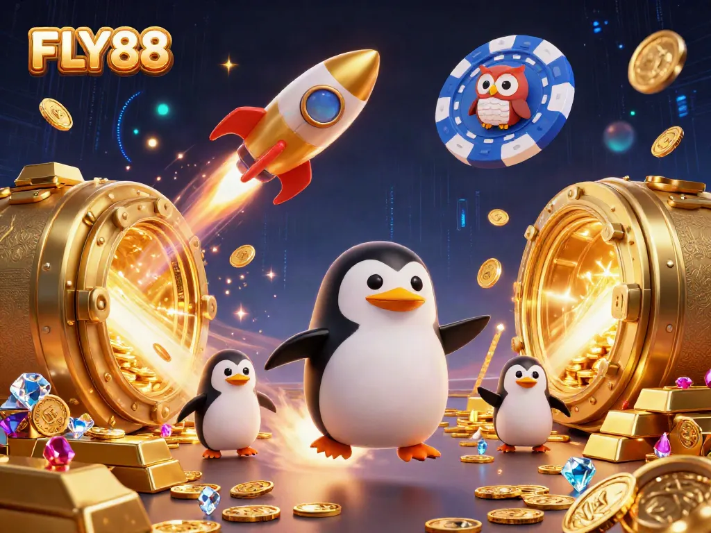 FLY88 captivates players with a vibrant casino scene featuring a rocket-powered penguin amidst treasures.