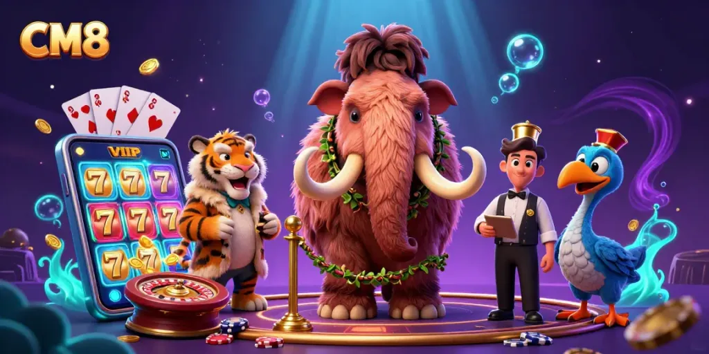 CM8 casino adventure with a woolly mammoth bouncer, VIP saber-tooth tiger, and lively game elements.
