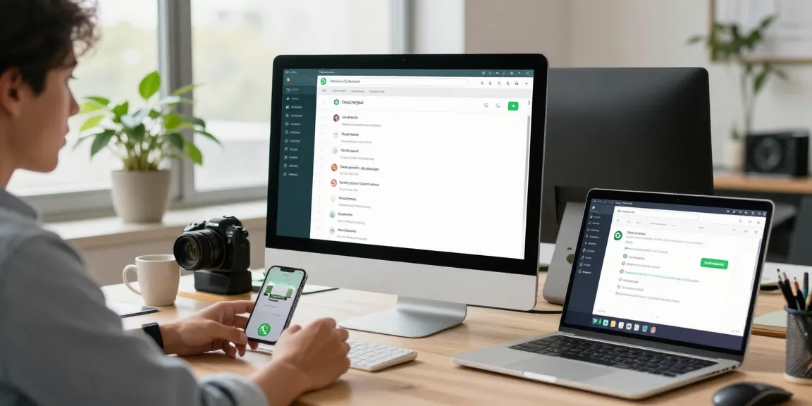 Using WhatsApp網頁版 on a desktop with a smartphone, modern office setting.
