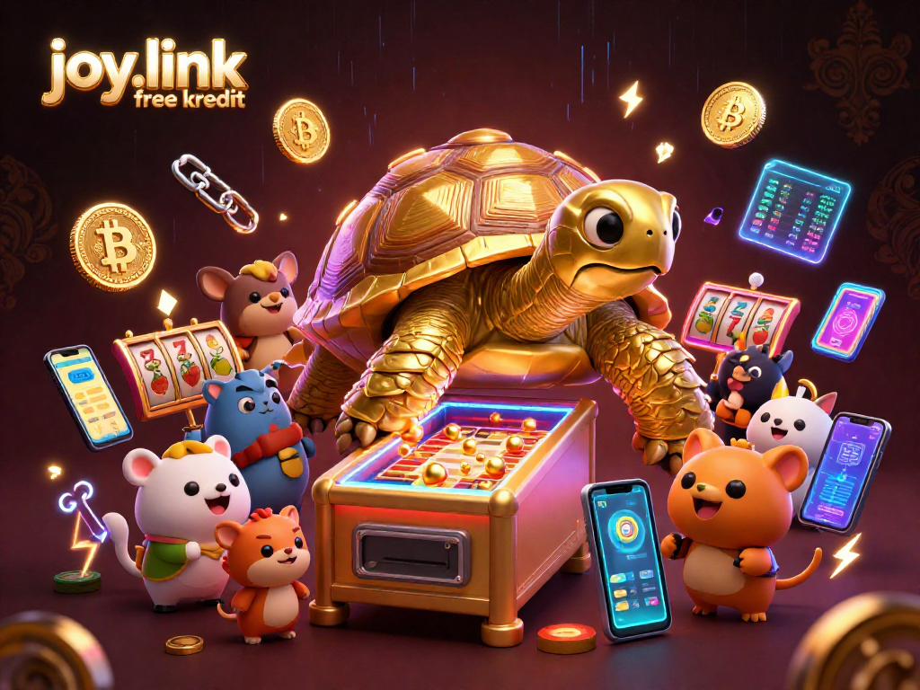 Engage with joy.link free kredit at this vibrant casino-themed illustration featuring a golden tortoise and crypto elements.