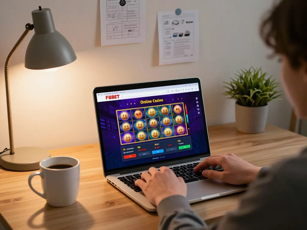 Engaging online gaming experience on F8BET's platform with vibrant slot games on laptop.