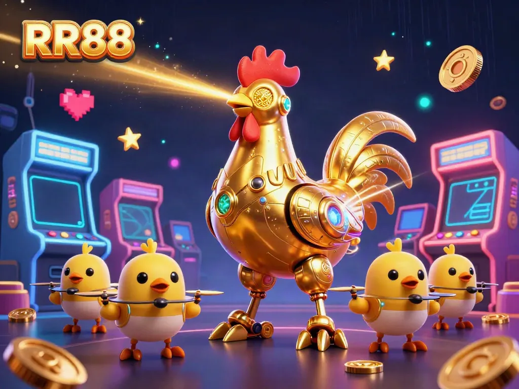 Experience the thrill of RR88 with a golden rooster robot leading baby chick drones in a vibrant casino scene.
