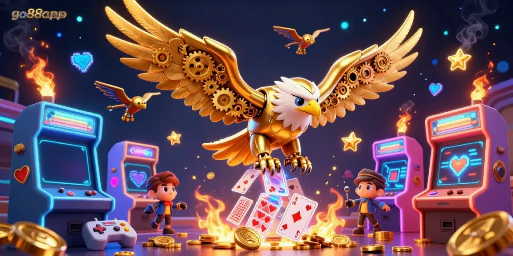 Experience gaming thrills with the go88app, featuring a vibrant 3D illustration of a cybernetic golden eagle amidst casino elements.