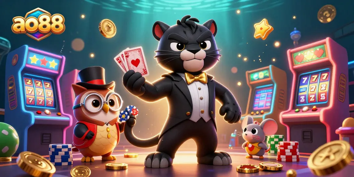 Experience ao88's vibrant casino scene with stylish characters and dazzling gaming elements, winning big with poker chips and cards.