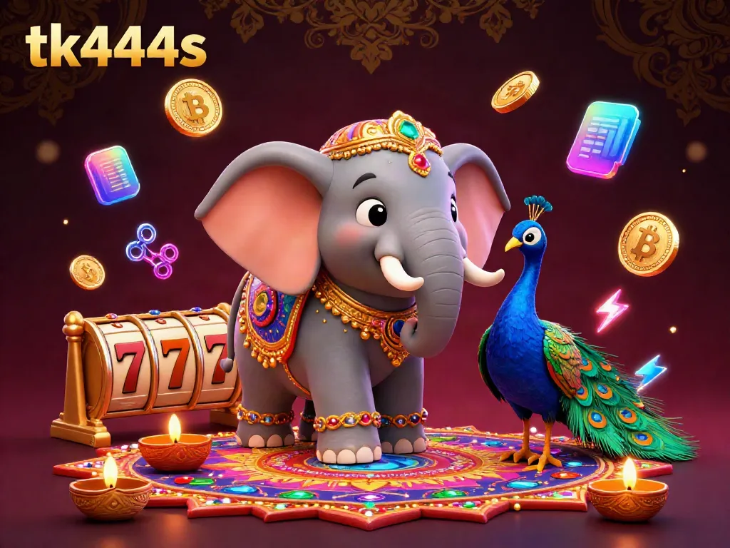 Engage in the vibrant world of tk444s, where players encounter a colorful casino scene featuring a majestic elephant and peacock with jackpot elements.