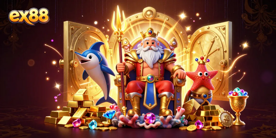 Experience the exciting world of ex88 with Neptune and treasures in this vibrant 3D illustration.