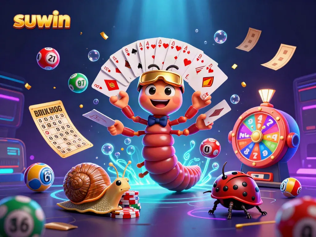 Engage in thrilling gameplay with suwin at a vibrant casino scene featuring a unique millipede dealer and colorful elements.