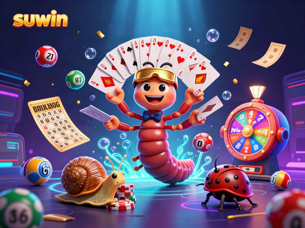 Engage in thrilling gameplay with suwin at a vibrant casino scene featuring a unique millipede dealer and colorful elements.