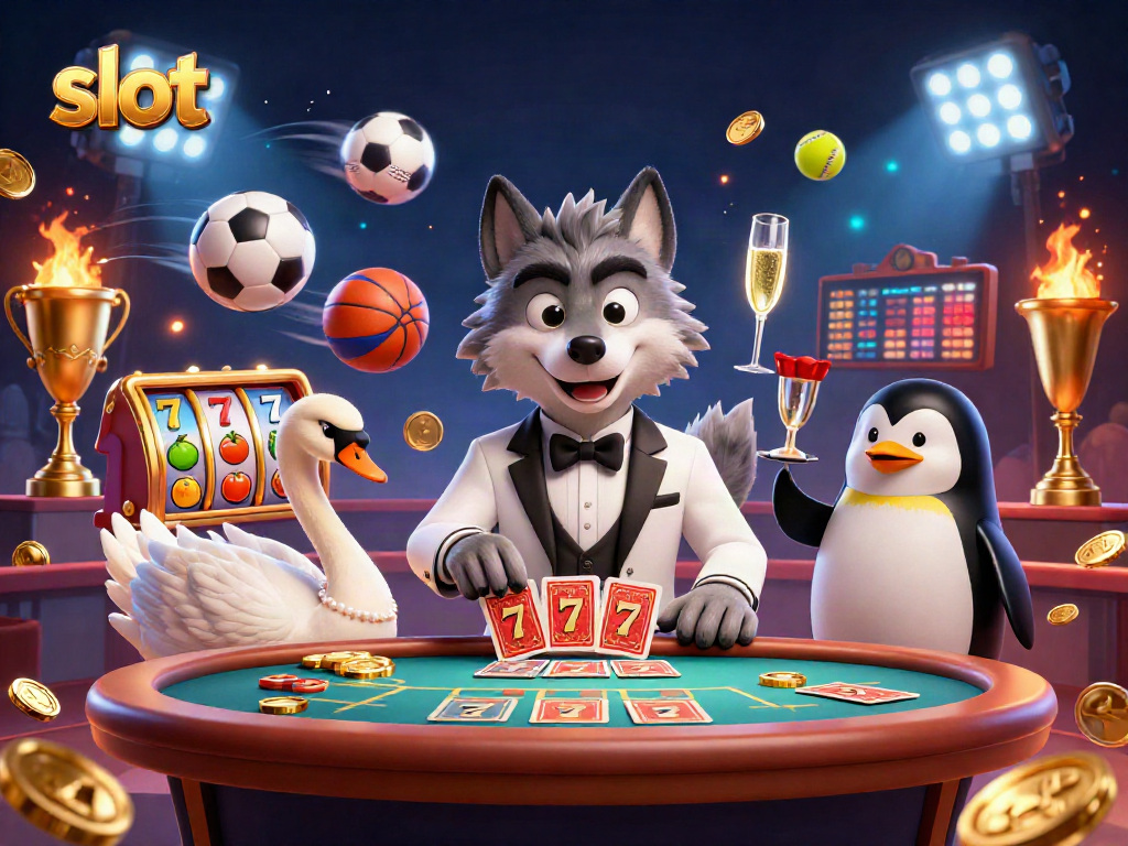 Experience spinning slot reels with the wolf, swan, and penguin at a vibrant casino scene.