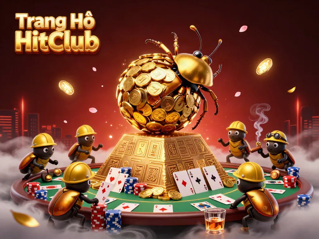 Engage with Trang Chủ HitClub's vibrant 3D casino-themed scene, featuring golden beetles and poker elements.