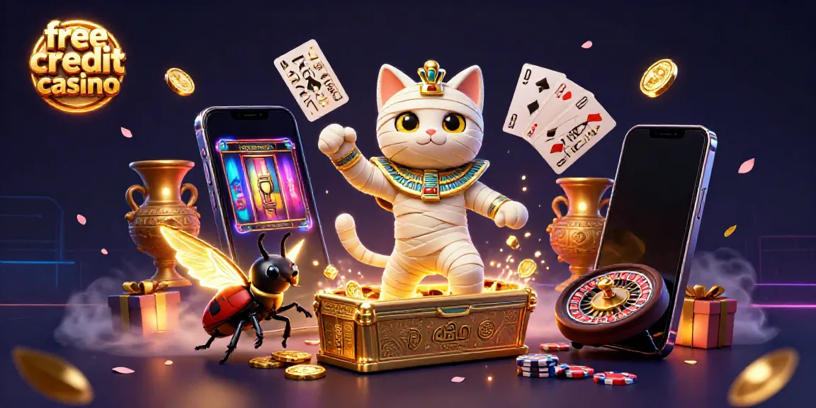 Engage in a vibrant free credit casino scene featuring a mummy cat and golden scarab amidst colorful slot games.