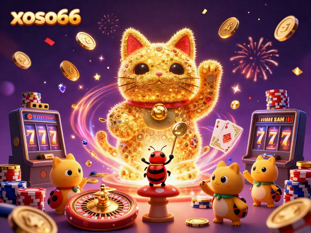 Experience excitement with xoso66 as golden fireflies form a lucky cat amidst vibrant casino symbols.