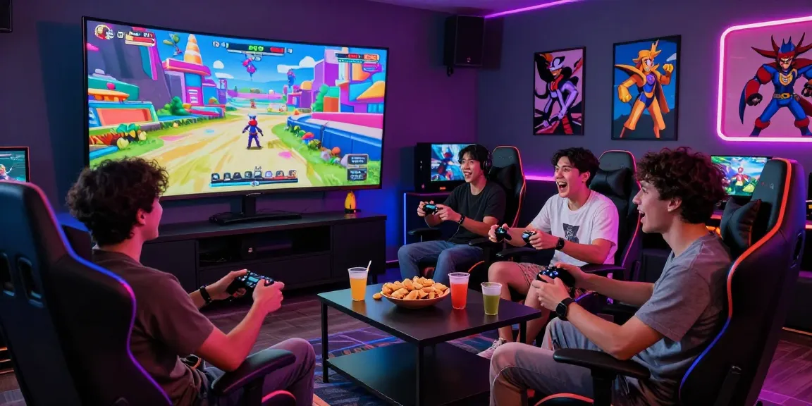 Friends enjoying an engaging nsfw game in a colorful gaming lounge with snacks and vibrant lighting.