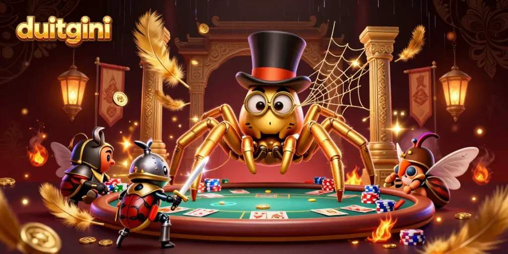 Duitgini's dynamic poker scene with a golden tarantula character, exciting gaming elements, and vibrant energy.