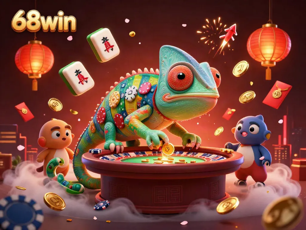 Experience the vibrant casino world of 68win with a colorful chameleon character amidst rich game elements.