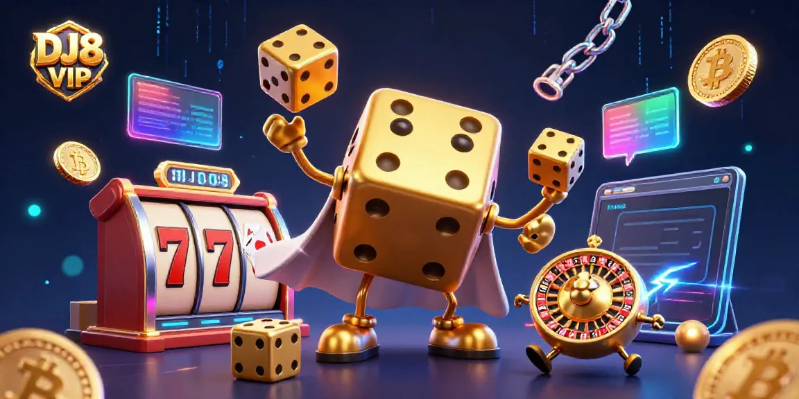 Engage with DJ8 VIP in this vibrant casino scene featuring a golden dice golem and gaming elements.